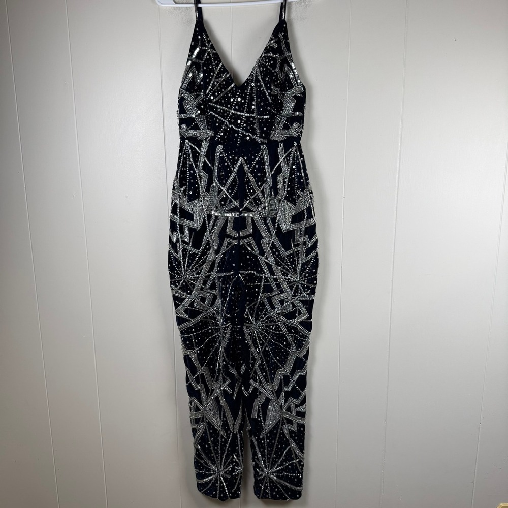 ASOS Navy Blue Velvet‎ Sequin Geometric Print Spaghetti Strap Jumpsuit